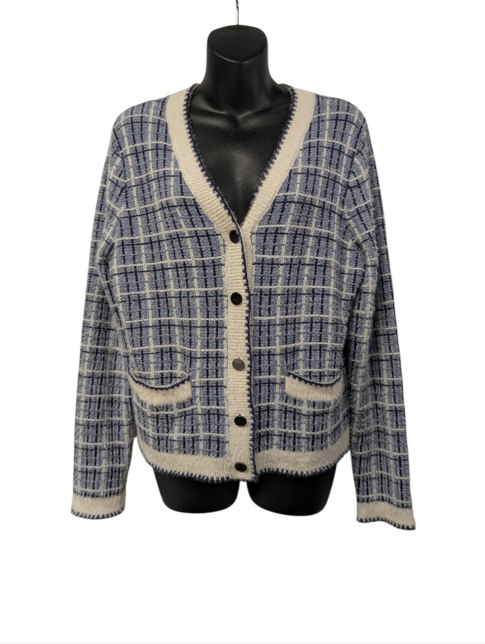 Tahari Blue White Plaid Knit Fuzzy VNeck Button Front Cardigan Sweater Pockets L